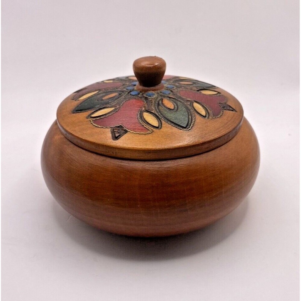 Round Hand Carved Wooden Painted Trinket Box Used - Picture 2 of 8